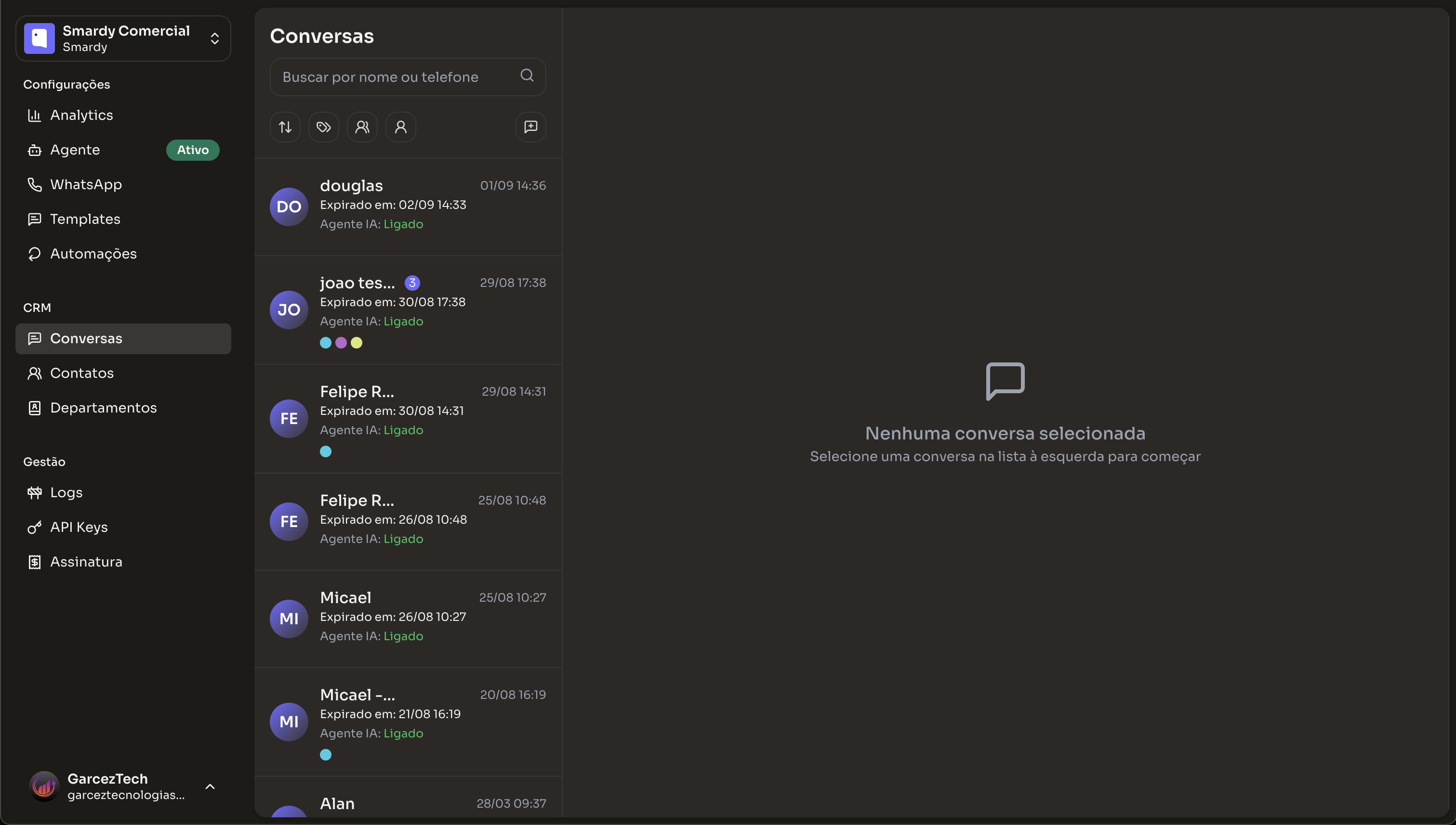 Interface do dashboard CRM mostrando pipeline de vendas e análises